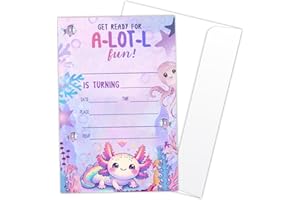 LONLONBANG Axolotl Birthday Party Invitation Cards for Kids, 20 Party Invites with Envelopes, Cute Purple Ocean Animal Birthday Invitations for Boys Girls Teens Children, Axolotl Birthday Party Decorations -L860