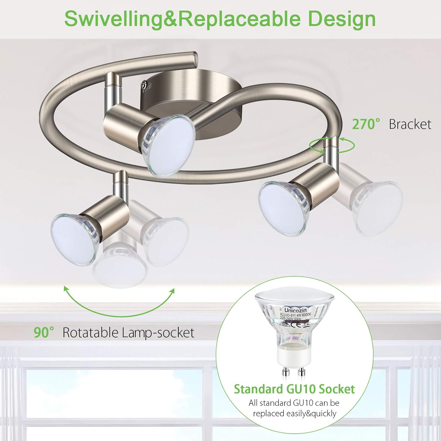 Unicozin Modern Rotatable 3 Way LED Ceiling Spotlight, Matt Nickel & Swivelling Design - Image 3