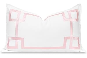 Hofdeco Premium Coastal Patio Indoor Outdoor Lumbar Pillow Cover Only, 12"x20" Water Repellent for Backyard, Couch, Blush Pink Embroidered Frame Greek Key