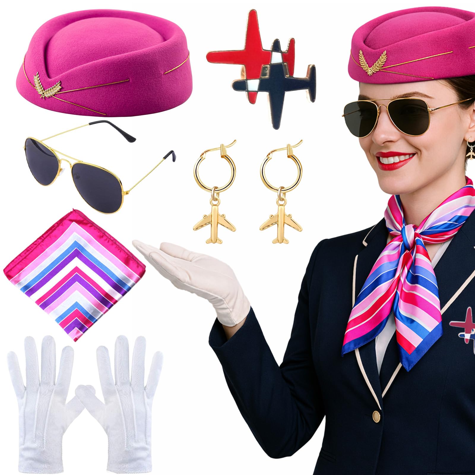 SSKHE 6 Pack Professional Flight Attendant Costume, Women's Stewardess Theme Carnival Outfit with Hat, Scarf, Sunglasses, Gloves, Brooch, Earring, Halloween, Cosplay, Party, Activities