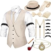 Neer 1920s Men Costume Accessories Outfit with Gangster Vest Hat Vintage Pocket Watch Bow Tie Suspenders Accessories