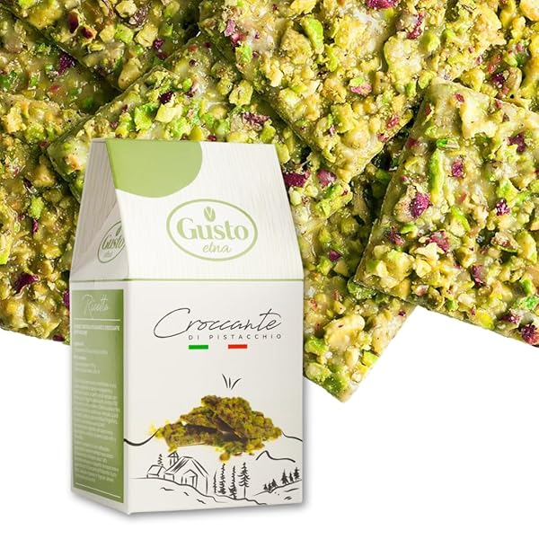 GUSTO ETNA PISTACHIO BRITTLE, SWEET PISTACHIOS BUTTER CHEWS WITH PISTACHIO CRUMBLES, BITE SIZE, INDIVIDUALLY WRAPPED, 6.7 OZ (190 G) BARK, NON GMO, PRODUCT OF ITALY