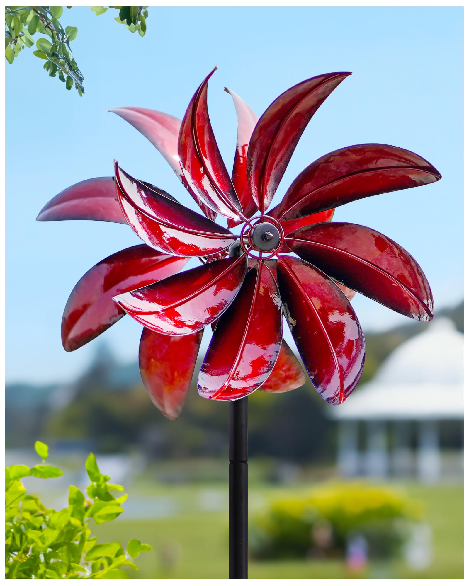 Photo 1 of Cyan Oasis Wind Spinners Outdoor - Red Metal Windmill with Stake for Yard and Garden, Kinetic Wind Sculptures & Spinners, Gift Decor Ideas for Garden Lovers (12" W x 70" H)