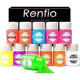Renfio Neon Pigment Powder, 12 Colors Neon Mica Powder, 10g/Jar Mica Powder for Resin Bright Fluorescent Nail Glitter Powder for Nail Art, Candle Dye, Soaping Making, Bath Bomb, DIY Crafts