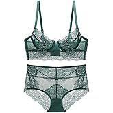 Guoeappa Women's Floral Soft Lace Lingerie Set See Through High Waisted Underwear Underwire Sheer Bra and Panty Set