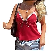 Women Polka Dot Cami Top Y2k Lace Trim Ruffled Hem Cami Top Adjustable Spaghetti Strap Polka Dot Bow Tie Camisole