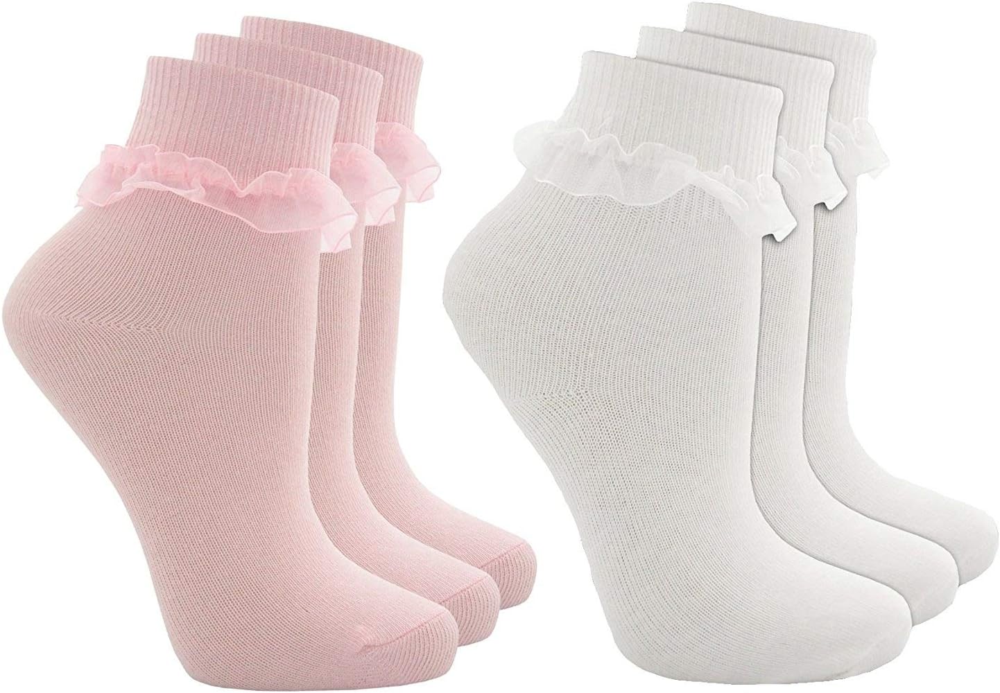 Cottonique 3 Pack of Girls Cotton Rich Frilly Lace Top Socks 3 White & 3 Pink 12.5-3.5