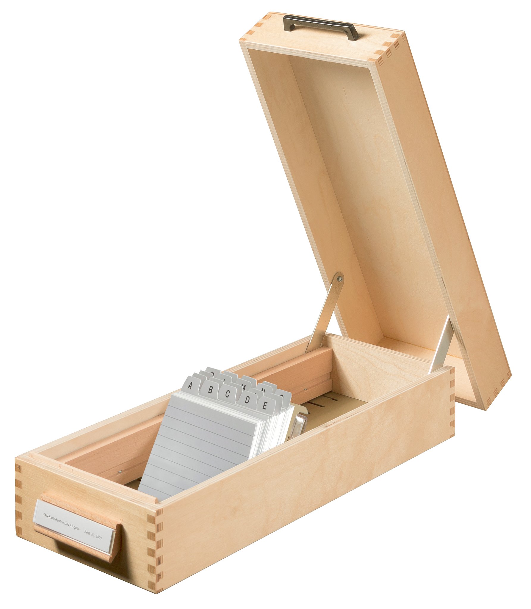 HAN 1007, Wooden card filing box A7 landscape, for 1,500 cards, metal base/support plate, natural wood