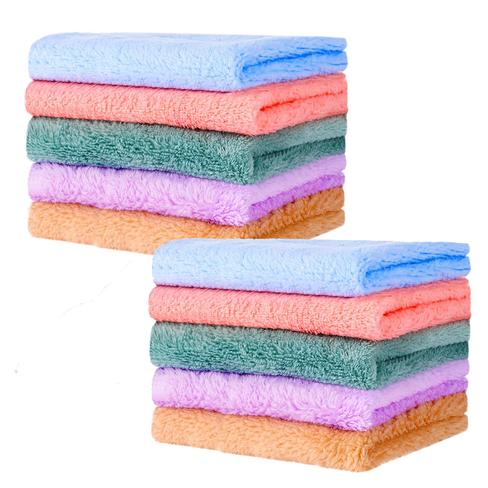 FRIUSATE Face Flannels Pack of 10, Flannel Face Cloth 25x25 Cm Coral Fleece Washcloths Small Towels For Kids Baby Newborns Sensitive Skin