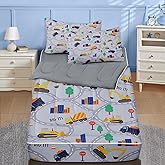 Nesker Twin Zipper Bedding, Trucks Tractors City Zipper Bedding Sets for Boys, 3pcs All in on one, Town Tree Excavator Print Grey Kids Comforter Set with Fitted Sheet and 2 Pillowcases