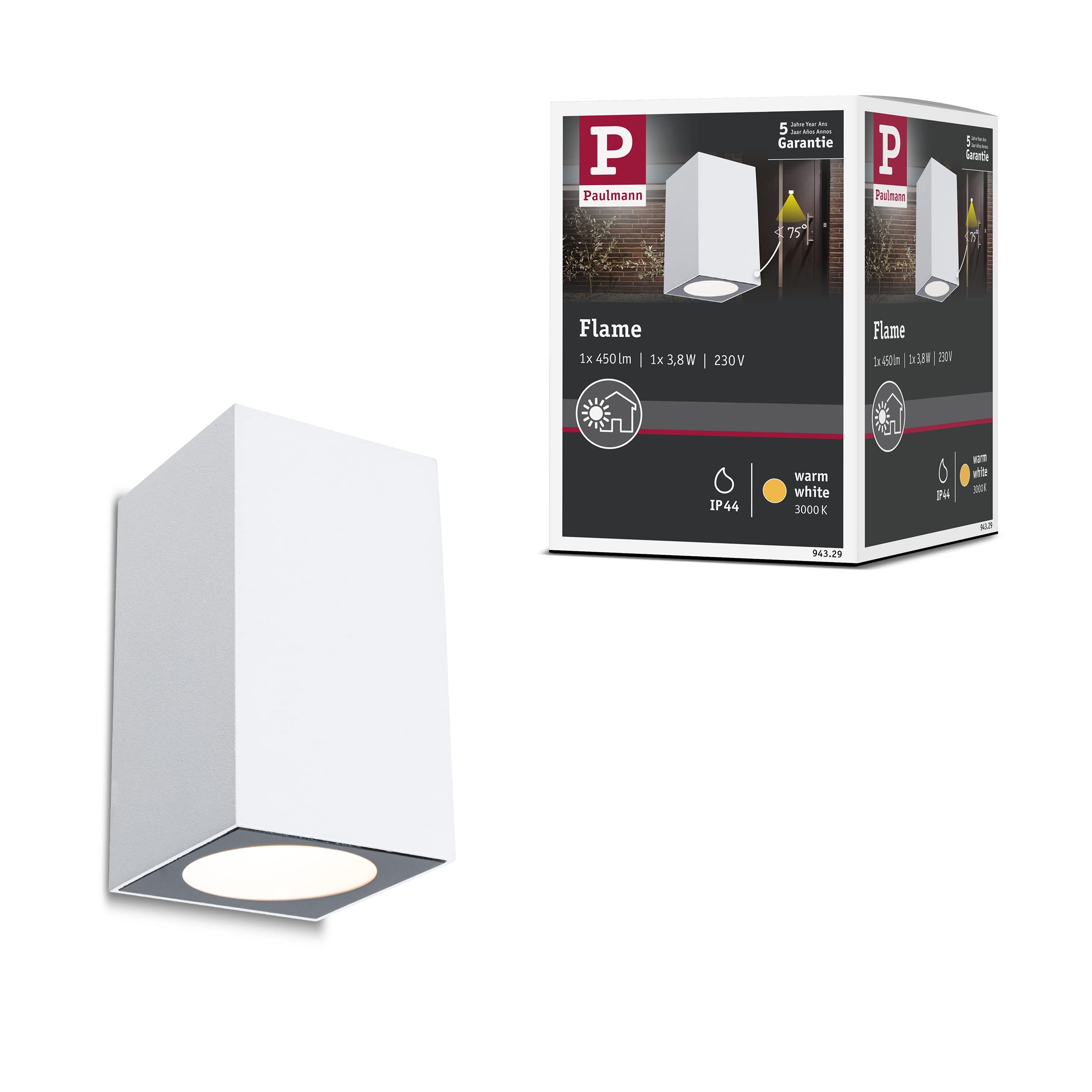 Paulmann 94329 Flame LED Outdoor luminaire Outdoor Wall luminaire IP44 Rectangular incl. 1x3.8W White Outdoor lamp Aluminium 3000K