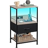 WLIVE LED Nightstand, Night Stand with Charger Station, Bedside Table with Fabric Drawer and Adjustable Open Shelves, Small End Side Tables for Bedroom, Grey