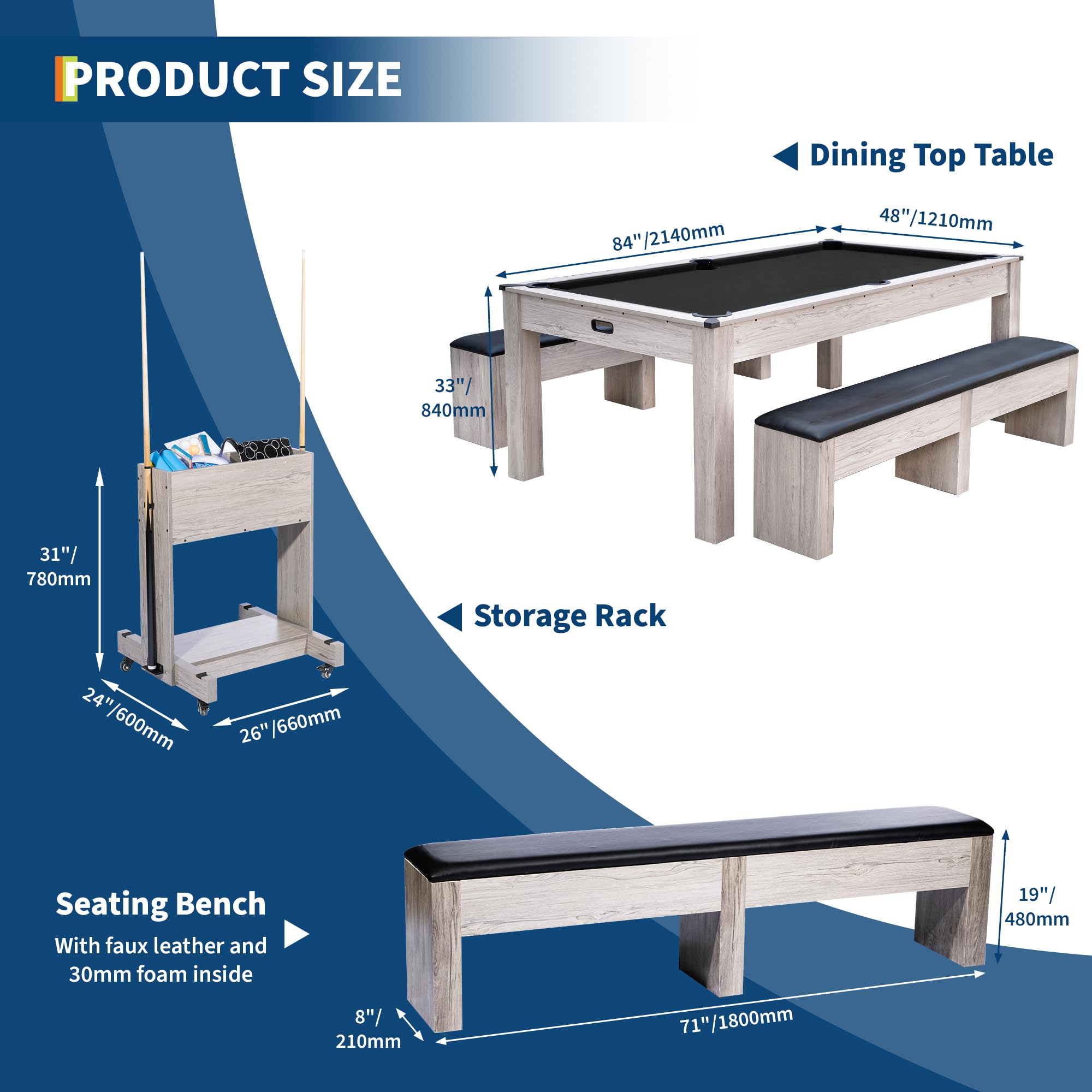 Photo 1 of **2 BOXES**GarveeLife 7FT 3-in-1 Pool Table with Dining Top & Table Tennis | Billiard Table Set with Accessories (Balls, Cues, Ping Pong) | HDF Wood Grain Finish | Includes Rolling Storage Caddy