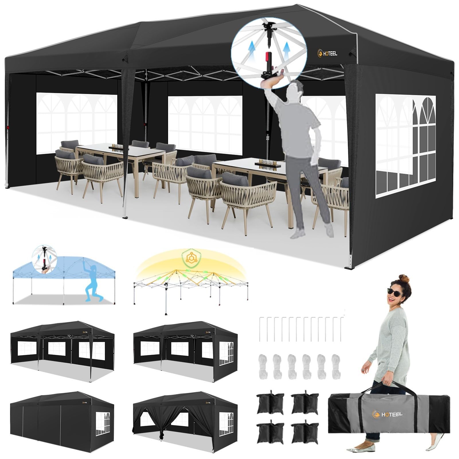 Photo 1 of HOTEEL 10x20 Pop up Canopy with 6 Sidewalls, One Push Instant Setup Outdoor Canopy Tent with Reinforce Rod, Weight Bag, for Parties, Events, Black
