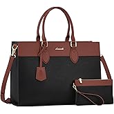 LOVEVOOK Laptop Bag for Women, 17.3 inch Leather Tote Bag Work Business Office Bag Waterproof Briefcase Computer Handbag Shoulder, Black-Brown