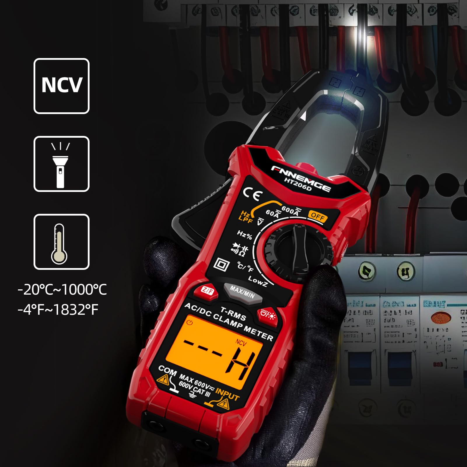 FNNEMGE HT206D Stromzange，Strommessgerät DC/AC Strom: 0-600A，Multimeter True-RMS 6000 Counts Auto-Ranging，misst Spannung Kapazität Durchgang (AC/DC-Strom) 3