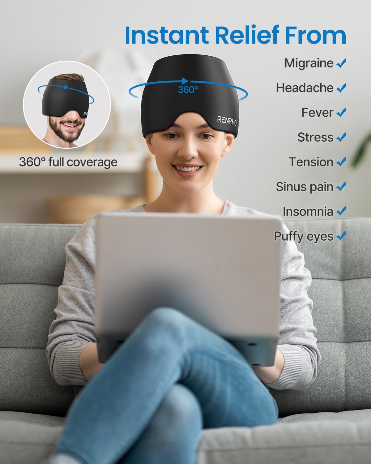 Migraine Relief Cap FSA HSA, Headache Relief Cap, Ice Head Wrap with Hot or Cold Therapy, Ice Hat, Hangover Relief Products, Migraine Mask for Anxiety Relief Improve Sleep, Birthday Gifts for Women