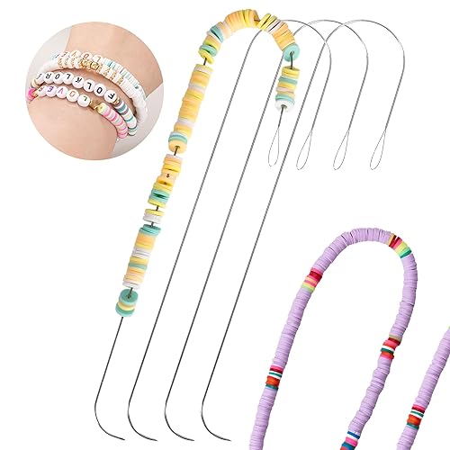 PP OPOUNT 4-Piece Large Eye Curved Beading Needles with Handle, 5.3 inch Stainless Steel Needles for Bead Spinner Loader, Jewelry Making
