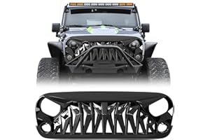 ICARS Front Grill Shark Grille Compatible with 2007-2018 Jeep Wrangler Rubicon Sahara Sport JK JKU, Glossy Black