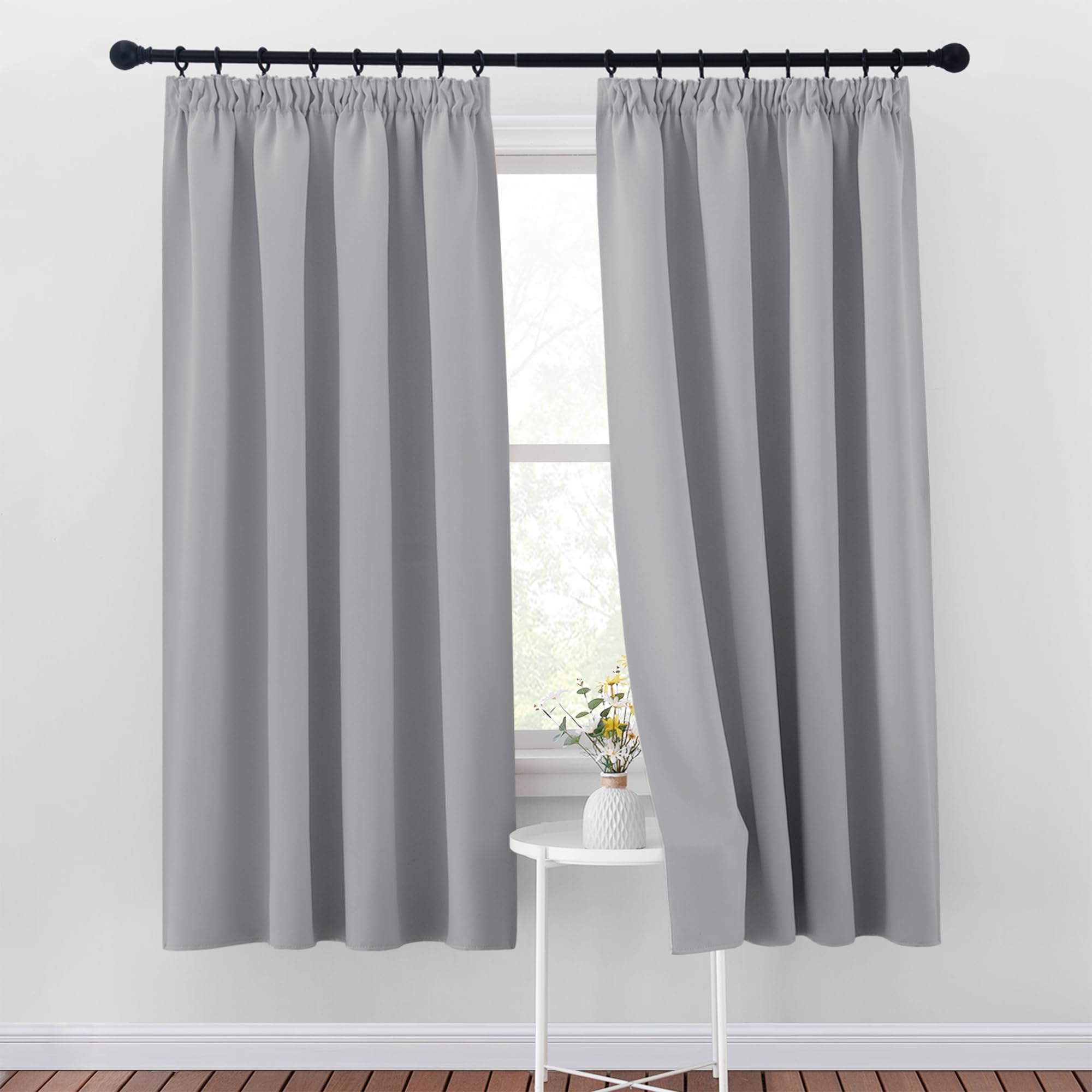 PONY DANCE Silver Grey Blackout Curtains 54 Inch Drop with Hooks for Track Thermal Short Curtains for Bedroom, Living Room Pencil Pleat, W46 X L54, 2 Panels, Silver Grey