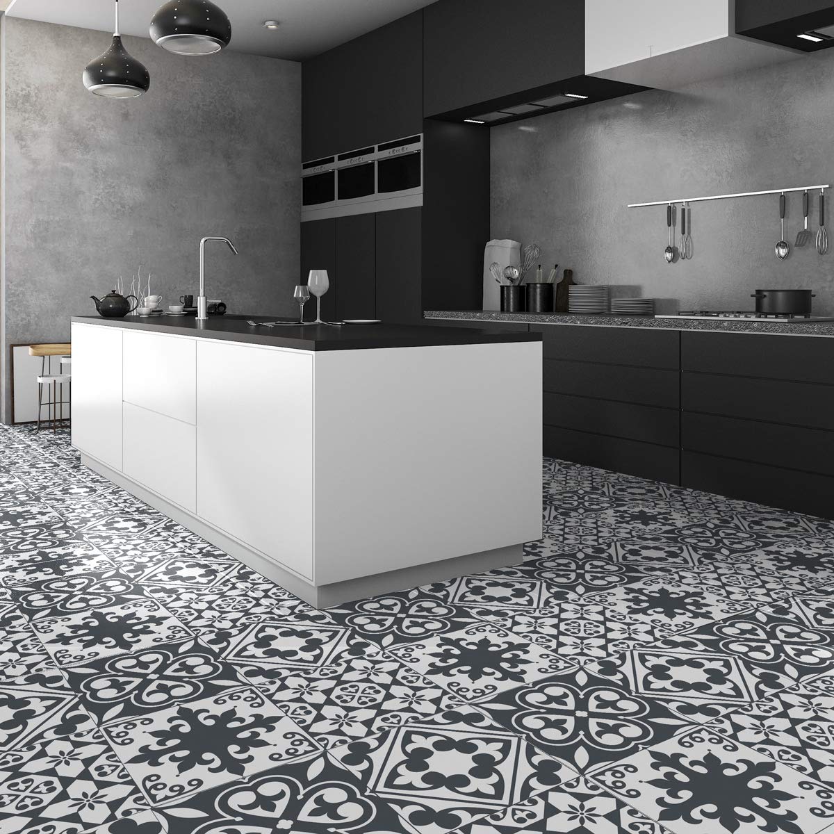 Azulejos Cement Tile Floor Sticker with Plastic Protective Laminate | Water-Resistant Adhesive Floor Stickers - 40 x 40 cm - Pack of 1