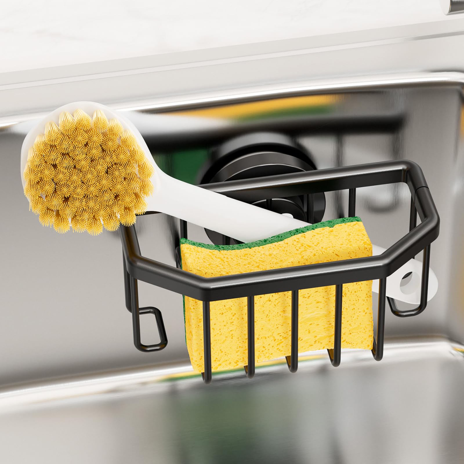 Photo 1 of TAILI Sponge Holder with Strong Suction Cup, Dish Sponge Caddy Inside Sink Removable, Rustproof Aluminum for Sponges, Brushes, Stoppers and Scrapers - Black