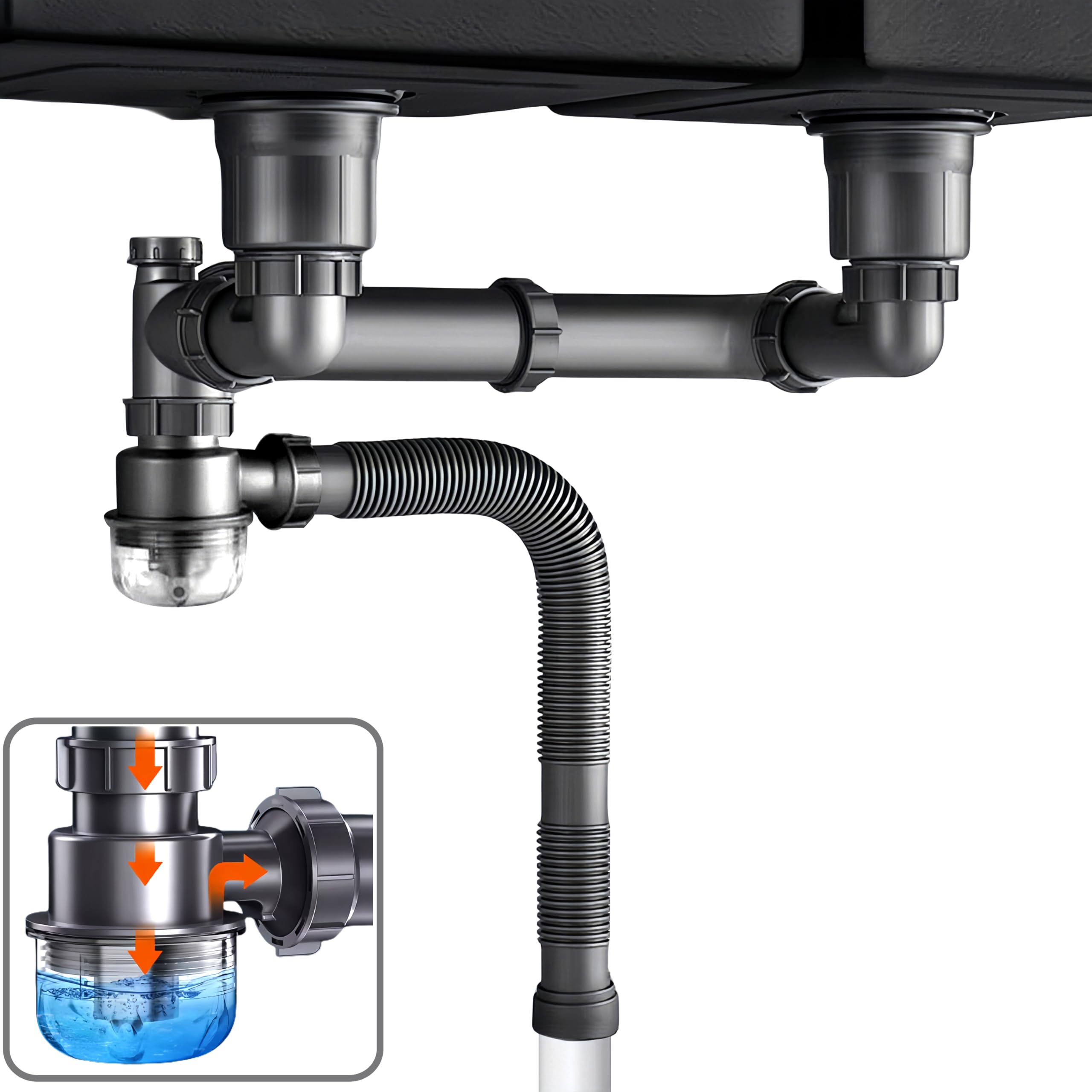 Expandable Flexible 1 1/2" or 1 1/4" Pipe Kit for Double Kitchen Sink | All-In-One Drain Kit with Anti-Odor Seal