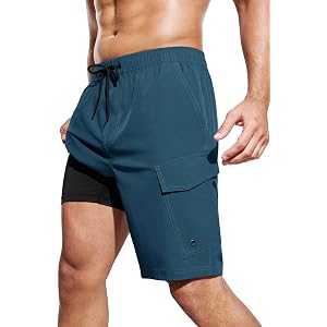 SILKWORLD Mens Swim Trunks with Compression Liner 9 in Cargo Bathing Suits | Quick-dry, 2 in 1, Cargo & Deep Side Pockts, Swi