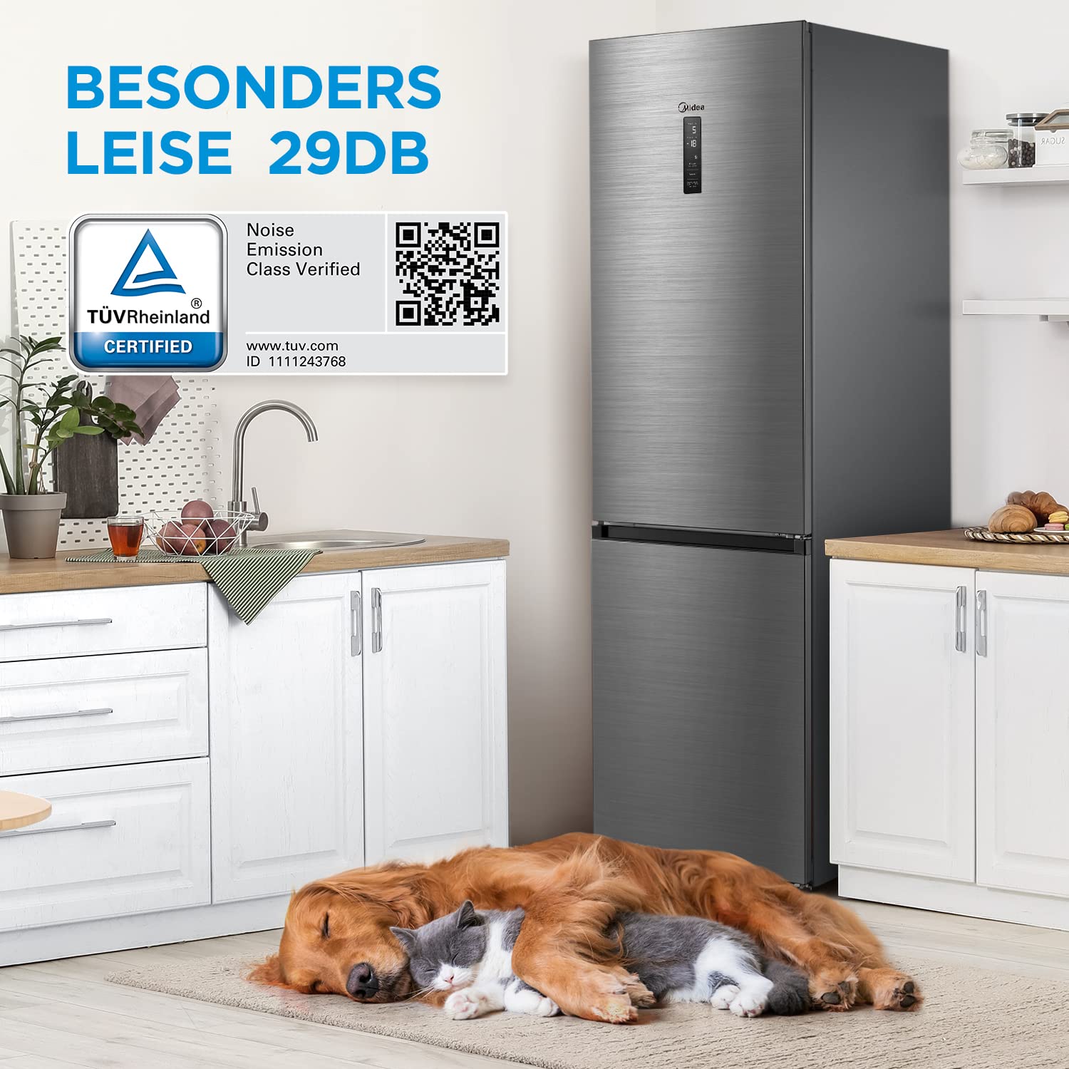 Midea Kühlschrank mit Gefrierfach MDRB521MGA46O | 378L Kühl-Gefrierkombination (256L + 122L) | Inverter Kompressor, NoFrost, Metal Cooling | Leise 29 dB, 113 kWh/Jahr | 201 cm Höhe, ‎ Edelstahl 3