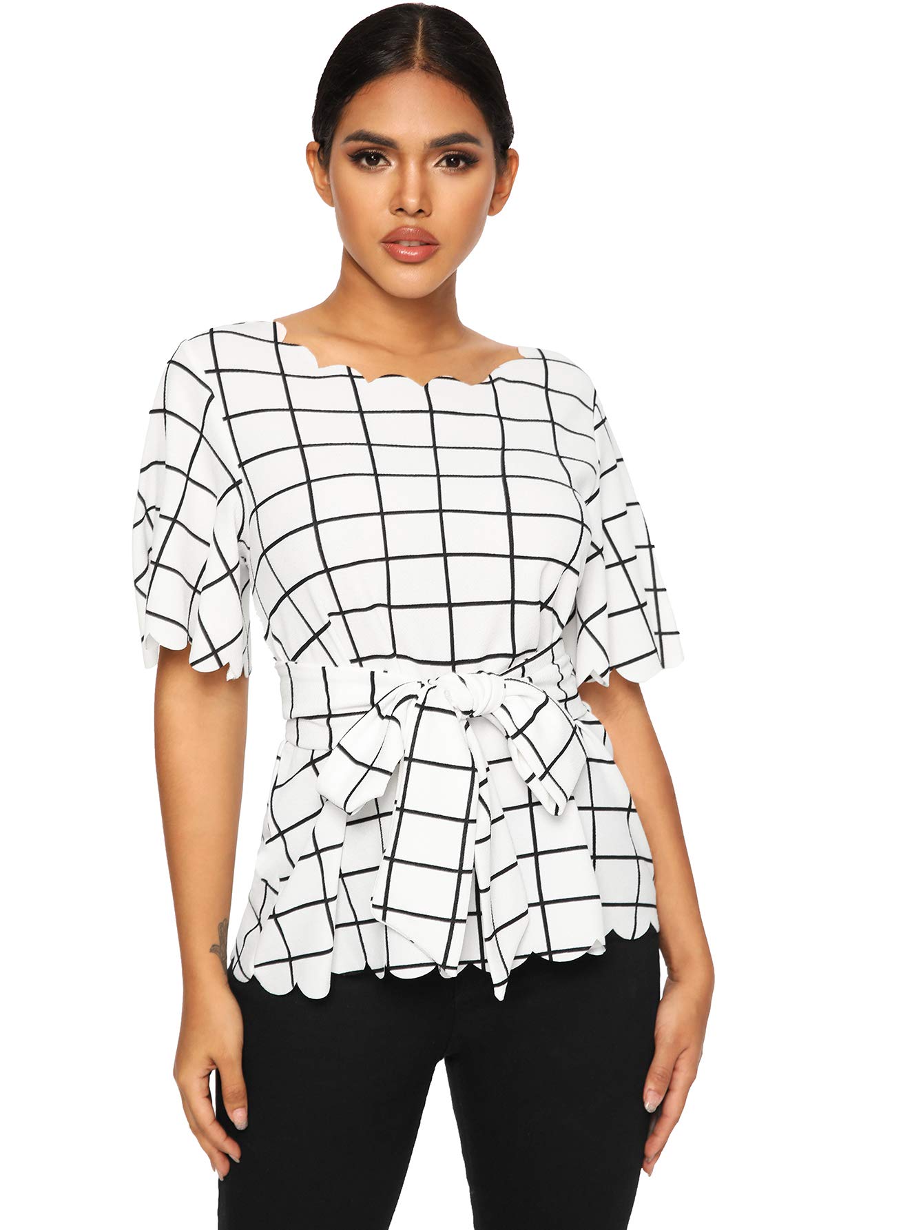 Romwe Women's Bow Self Tie Scalloped Cut Out Short Sleeve Elegant Office Work Tunic Blouse Top