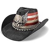 FLUFFY SENSE. Vintage Cowboy Hat USA American Flag Classic Western Style Tea Stained Patriotic Unisex Cowboy Cowgirl Hat with Shapable Brim, Skull Wings