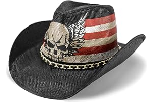 FLUFFY SENSE. Vintage Cowboy Hat USA American Flag Classic Western Style Tea Stained Patriotic Unisex Cowboy Cowgirl Hat with Shapable Brim, Skull Wings