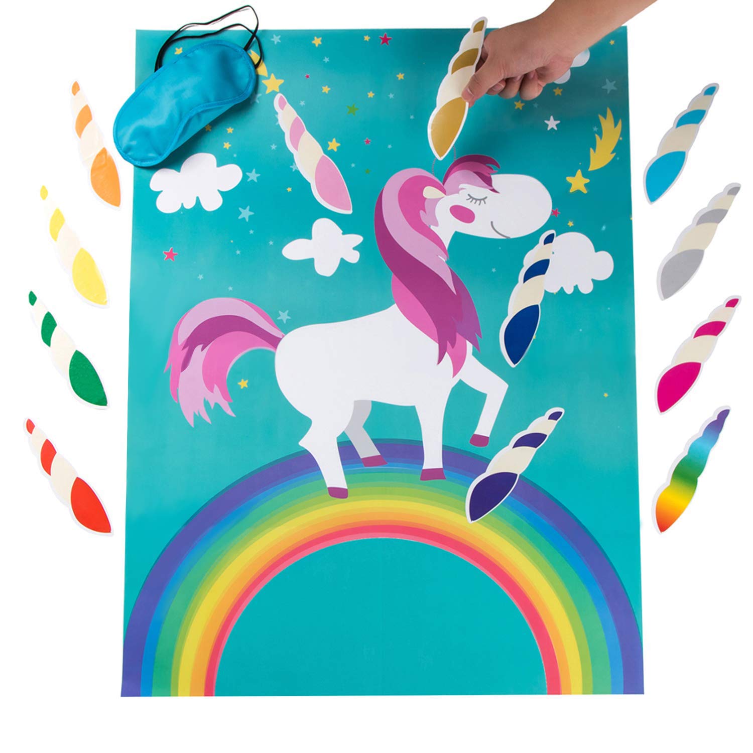 MISS FANTASY Pin The Horn on The Unicorn Birthday Party Favor Games Kids Party Supplies Unicorn Gifts for Girls Game Include a Large Poster 24 Reusable Sticker Horns Good for Big Parties