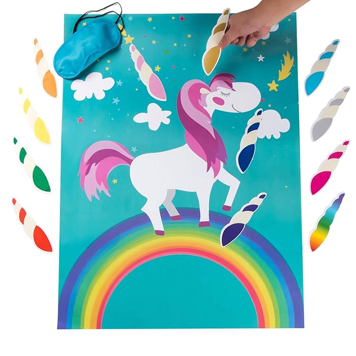 MISS FANTASY Pin The Horn on The Unicorn Birthday Party Favor Games Kids Party Supplies Unicorn Gifts for Girls Game Include a Large Poster 24 Reusable Sticker Horns Good for Big Parties