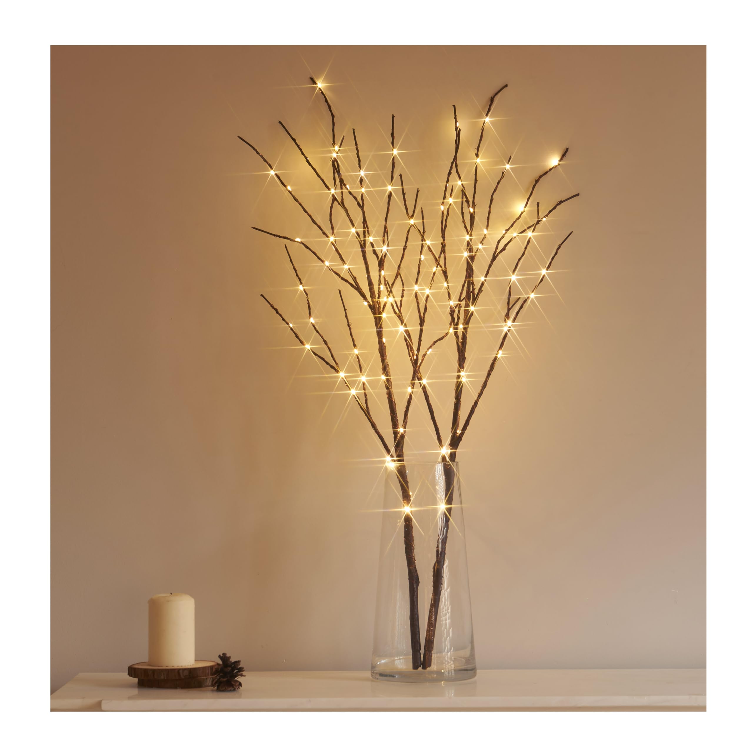 Photo 1 of Hairui Lighted Brown Branches Battery Operated with Timer 30IN 100 LED Fairy Lights, Willow Branch Lights for Home Bedroom Fireplace Christmas Holiday Decoration Indoor Outdoor Use (Vase Excluded)