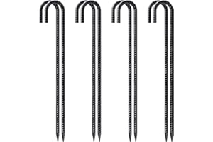 VVOKGO 24 Inch Rebar Stakes Heavy Duty J Hook Ground Anchors, 3/8 Inch Diameter Curved Steel Plant Support Garden Stake with Chisel Point end, Hammer Through for Camping Tent - Black Coated (8)