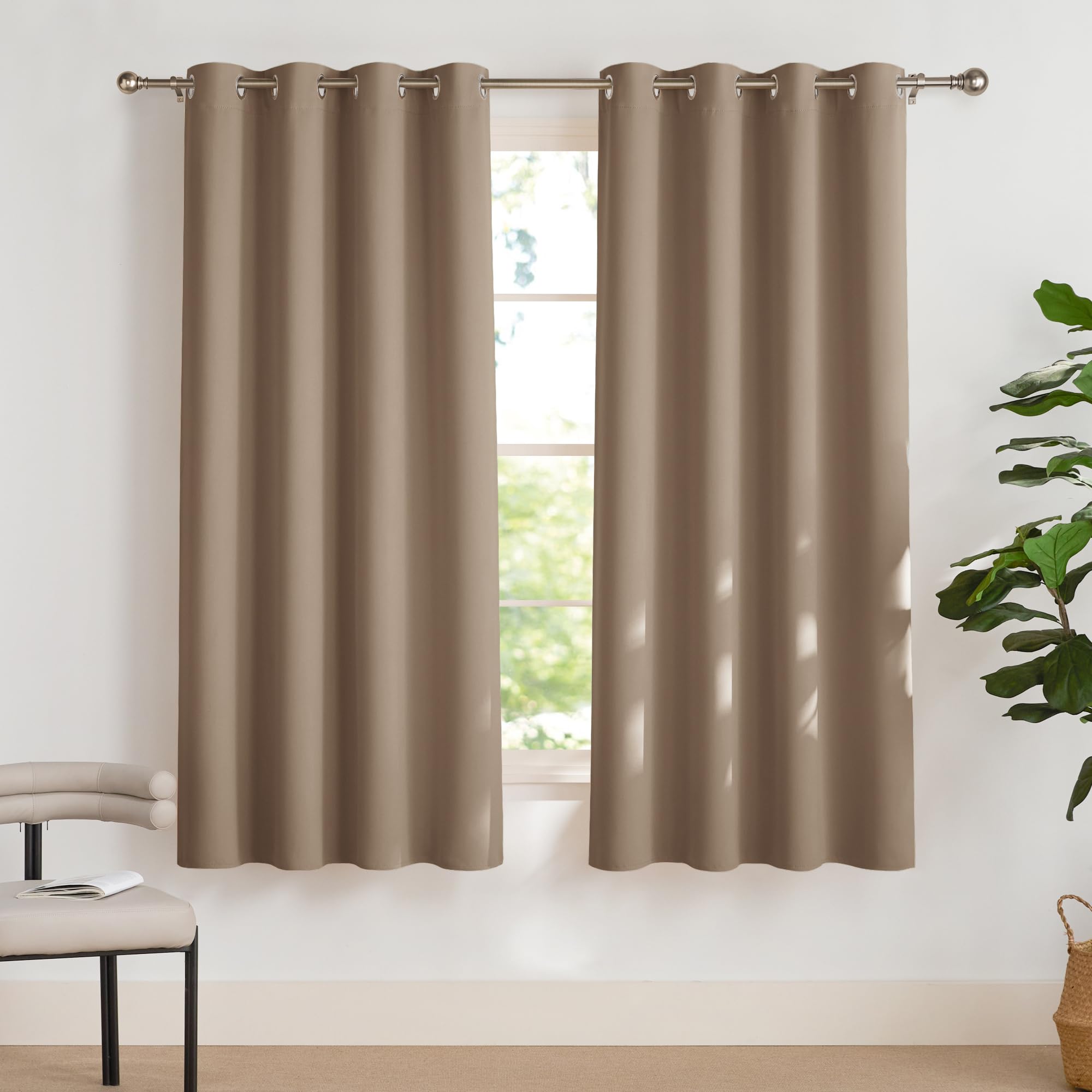 PONY DANCE Blackout Curtains for Bedroom - Eyelet Thermal Light Blocking Curtains for Kitchen/Cafe Energy Saving Privacy Protection Drapes for Room Darken, 52 in Wide by 63 Drop, Mocha, 2 Panels — image 1
