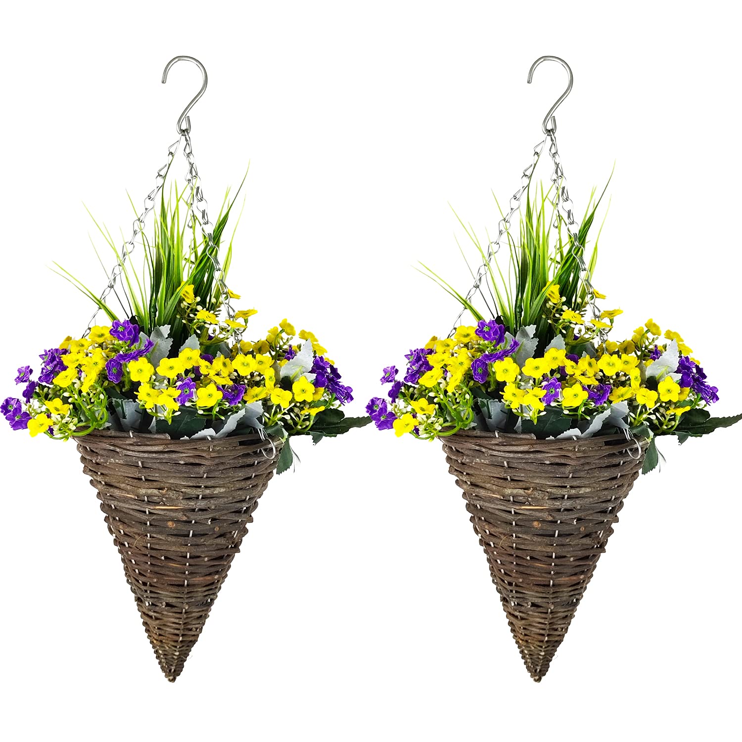 Outdoor Hanging Planter Basket Artificial Flower Daisy Wildflowers,Plant Holder Chain Porch Decor Flower Pots Hanger Garden Decoration Hanging Baskets (Purple)