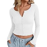 Oakgarden Women's Cropped Cardigan Cotton Long Sleeve Ribbed Y2k Button Down Shirt Scoop Neck Slim Fit Fall Top