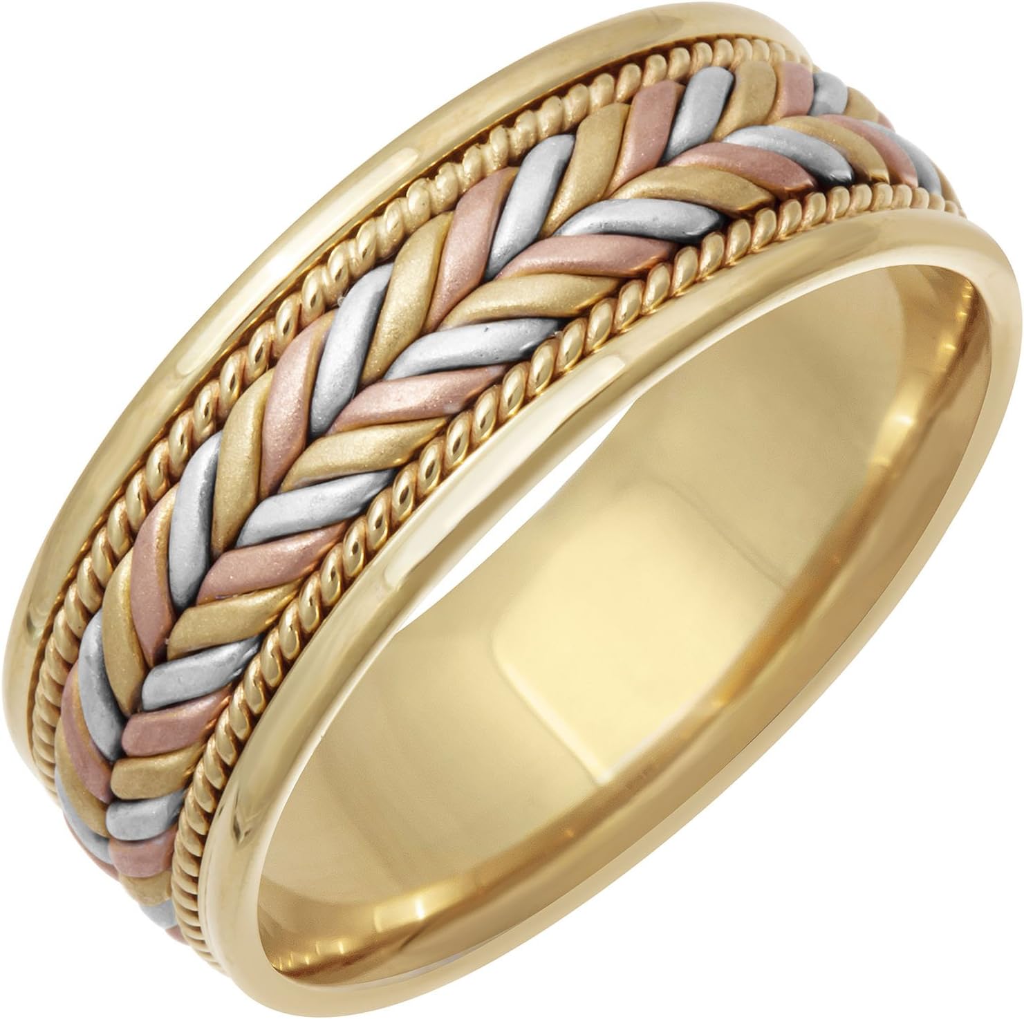 14K Tri Color Gold Braided Fern Style Men's Comfort Fit Wedding Band (7mm)