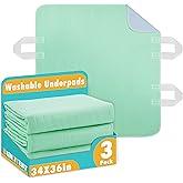 Bunlitent Incontinence Washable Underpads with 4 Sturdy Handles, 34”×36”,3 Pack, Positioning Bed Pads for Elderly, Bedridden, Disabled, Transferring,Mattress Protection, Waterproof