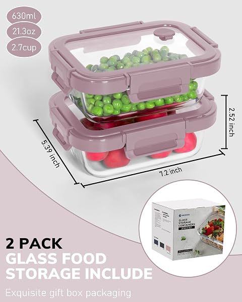 BOROHOUSE 2-PACK GLASS FOOD STORAGE CONTAINERS WITH TEMPERED LIDS (21.3OZ/2.7CUP) – AIRTIGHT SNAP LOCK, MICROWAVE & OVEN SAFE (-4℉~ 950°F), FREEZER TO BAKING DISH, BPA-FREE, GIFT BOX (PINK)