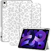 Deokke Compatible with iPad Air 11 Inch Case M3/M2(2025/2024),iPad Air 5th/4th (2022/2020) Generation 10.9 Inch Case Pencil Holder TPU Back Auto Sleep/Wake Cover Cute Women Girls-Grey White Leopard