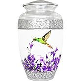 NANIURN Cremation Urns for Human Ashes Adult Female & Male, Funeral Urn for Ashes for Women & Man, Decorative Urns for Burial, Purple Flower, Hummingbird Urns for Women, White - Large