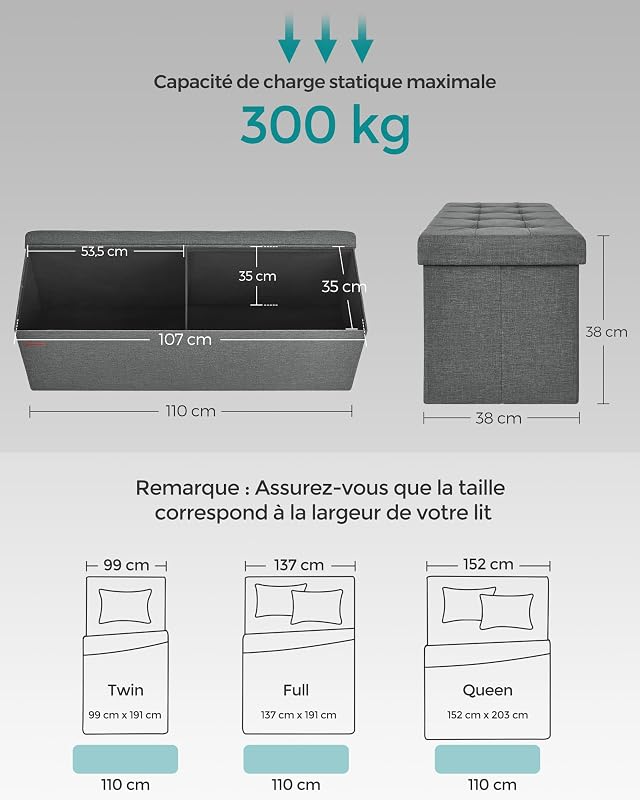 MAZIE Collezione - Cassapanca, Pouf Contenitore, Poggiapiedi Pieghevole da 38 x 110 x 38 cm, Ottomano, Portante 300 kg, per Soggiorno, Camera da Letto, Entrata, Grigio Scuro LSF77K