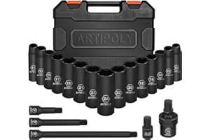 ARTIPOLY 20 Pieces 1/2" Drive Metric Deep Impact Socket Set,10mm-24mm no skip, Includes Extension Bars, Universal Joint and Adapter, 6 Point Design, Meets ANSI Standards