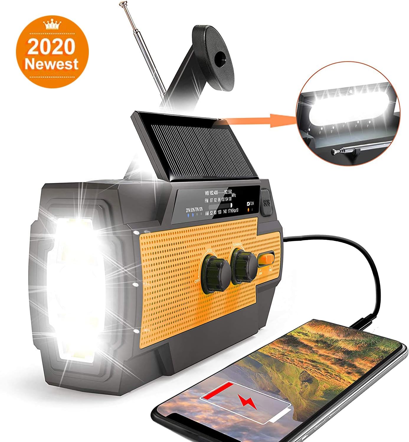 2020 Newest Emergency Crank Radio，4000mAh-Solar Hand Crank Portable AM/FM/NOAA Weather Radio with 1W Flashlight & Motion Sensor Reading Lamp，Cell Phone Charger,SOS Alarm for Home and Emergency(Orange): Home Audio & Theater