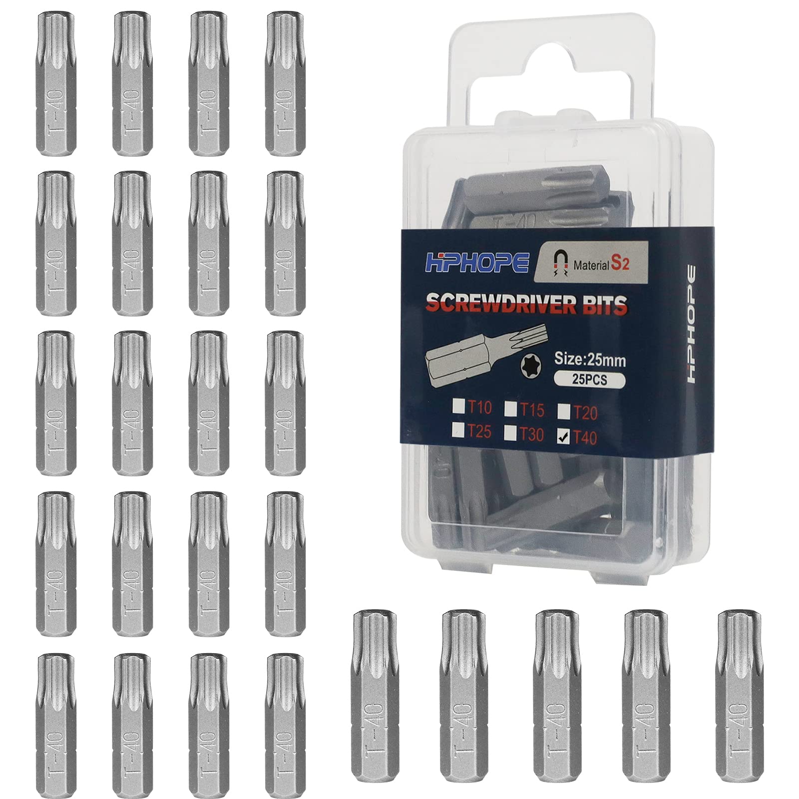 HPHOPE T40 Bits, T40 Torx Bit x 25 mm, 1/4" Hex Shank Screwdriver Bits Sets, 25 Bits per Box