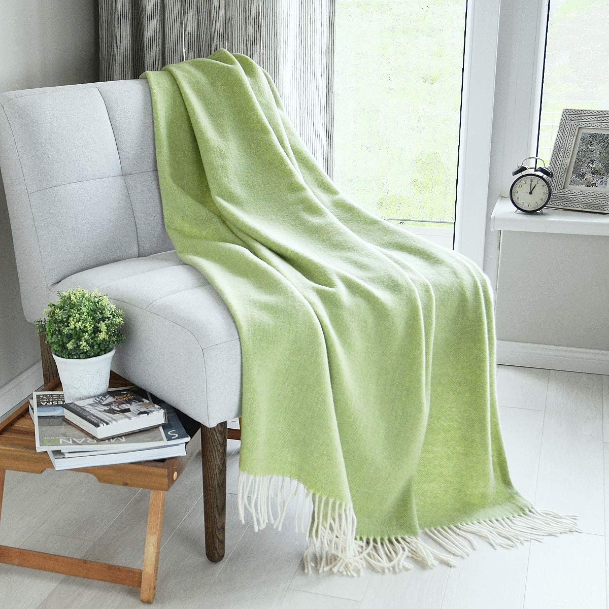 Linen & Cotton Extra Soft Throw/Blanket STONEWOLD Herringbone Pattern -100% Fine Merino Wool, Olive Green (140 x 200cm) Warm Plaid for Sofa Bed Couch Settee Bedspread Single Double Lambswool