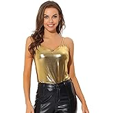 Allegra K Women's Metallic Shiny Halloween Party Tank Top Sleeveless Deep V Neck Camisole Tops